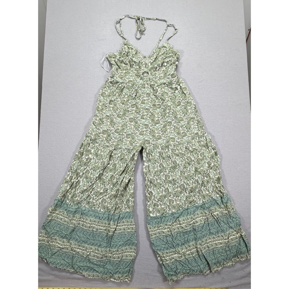 Sincerely Jules Jumpsuit Women Large Good Green Paisley Boho Halter Wide Leg